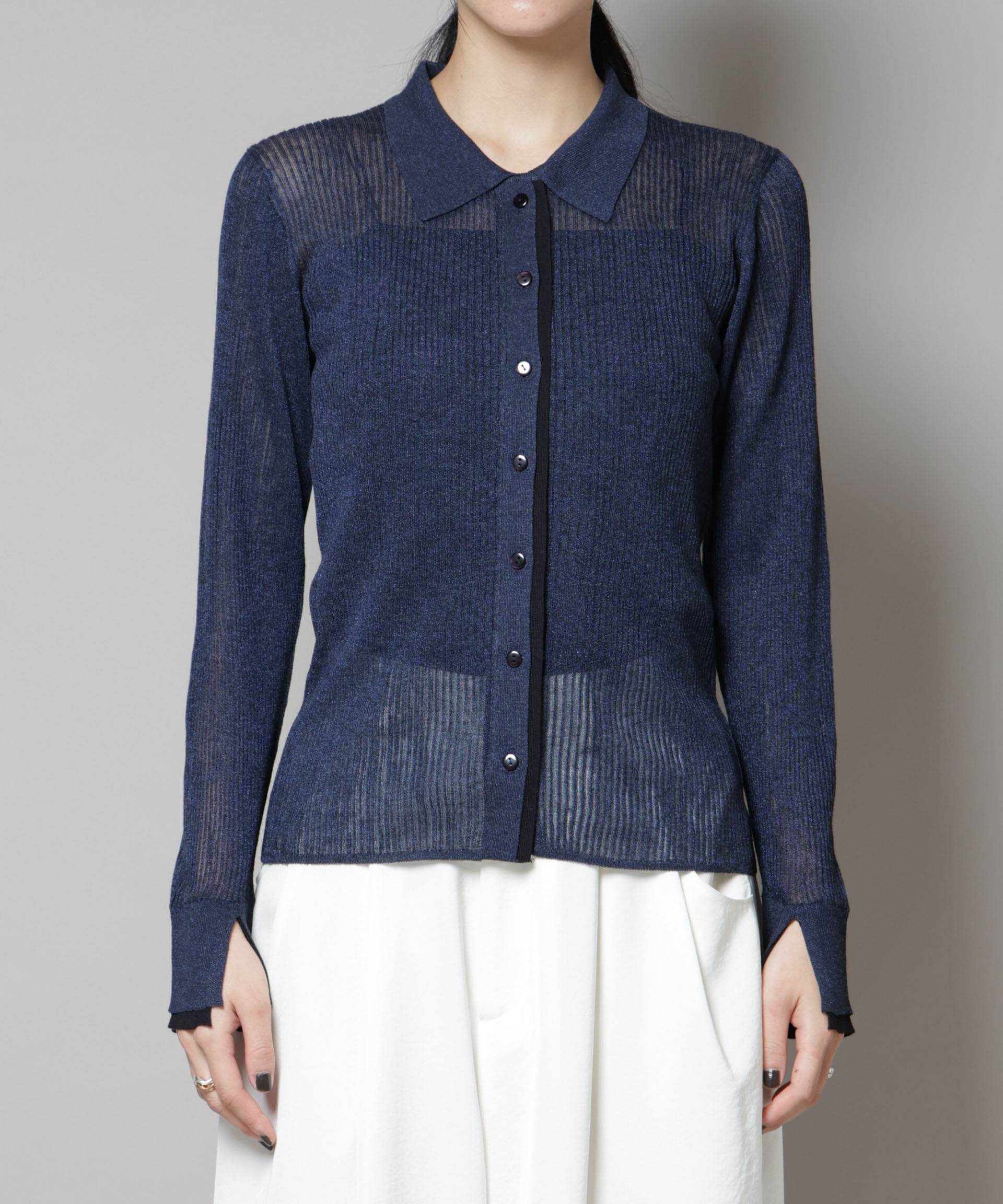 nano･universe「バイカラーシアーリブ衿付きカーディガン」|ニット・セーター|