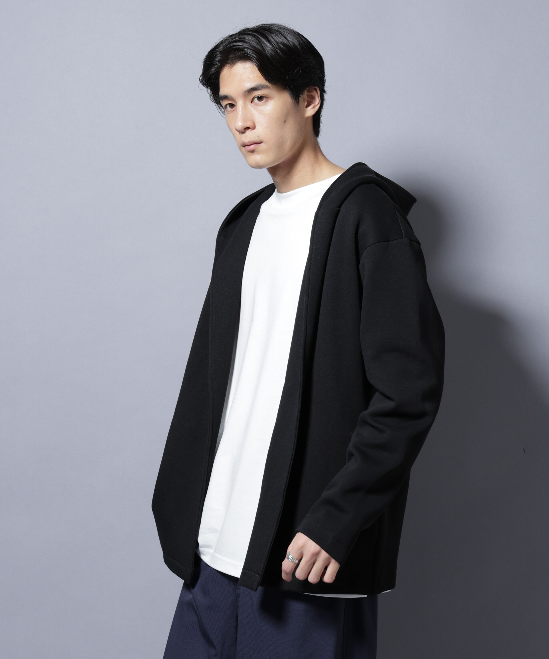 nano･universe「ダンボール 着流しフーディー」|Tシャツ・カットソー|ブラック