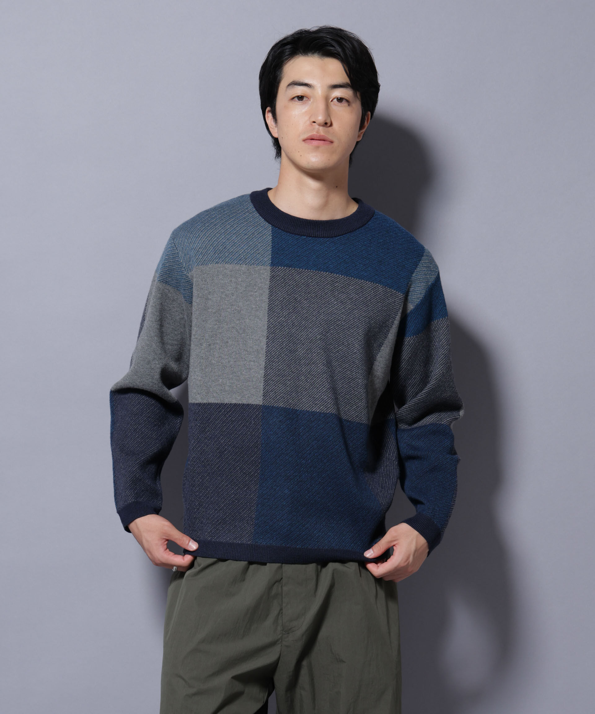 nano･universe「ブロックチェッククルーネックニット」|ニット・セーター|