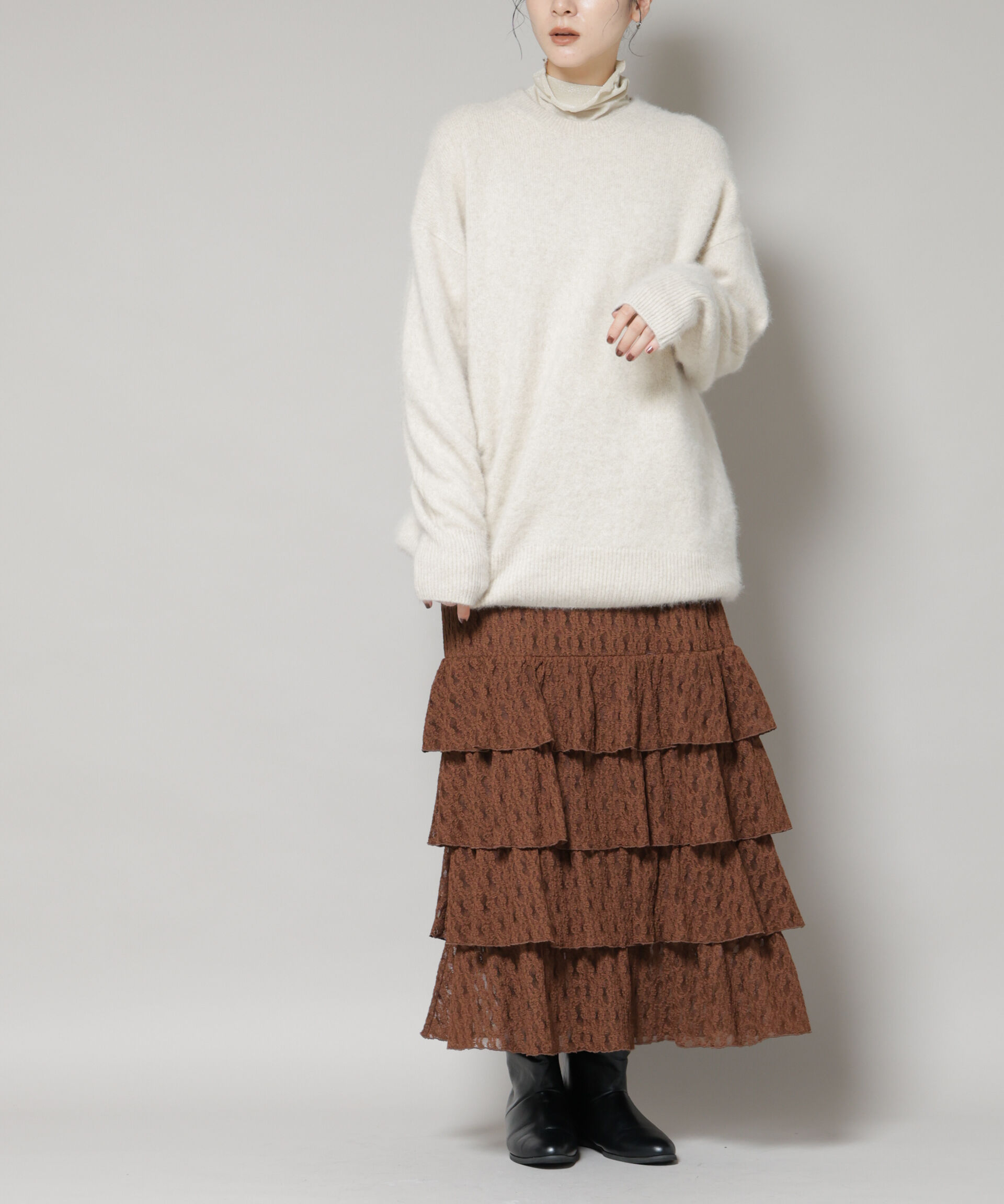 nano･universe「ティアードフリルレーススカート」|スカート|ブラウン
