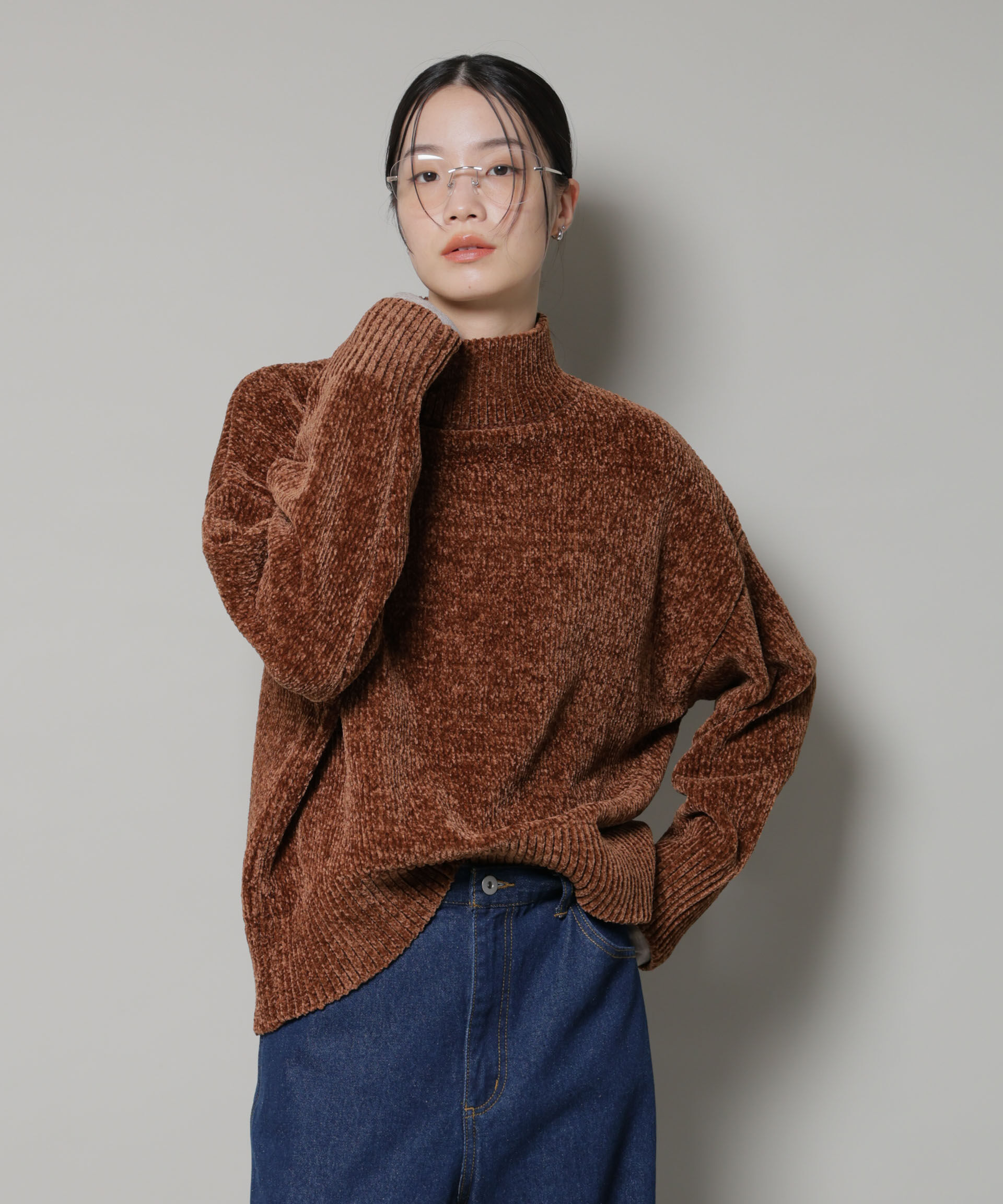 nano･universe「ベロアモールハイネックワイドニット」|ニット・セーター|ブラウン