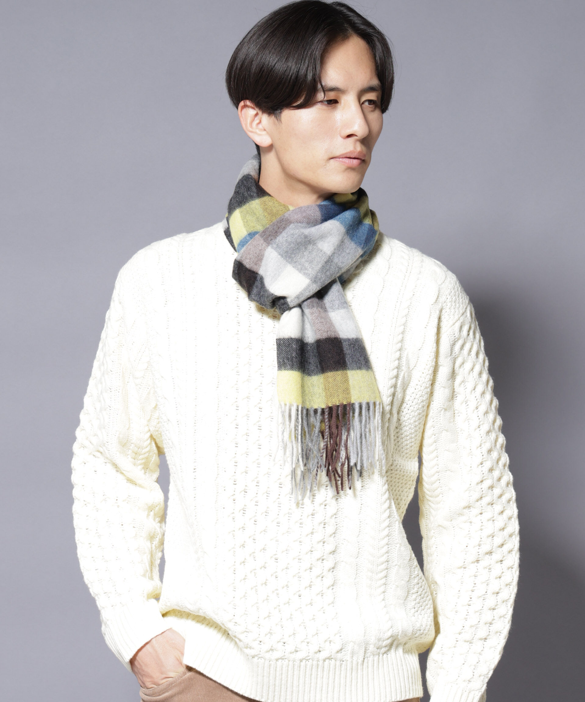 nano･universe「ソフトカシミヤブレンドチェックマフラー」|マフラー|イエロー