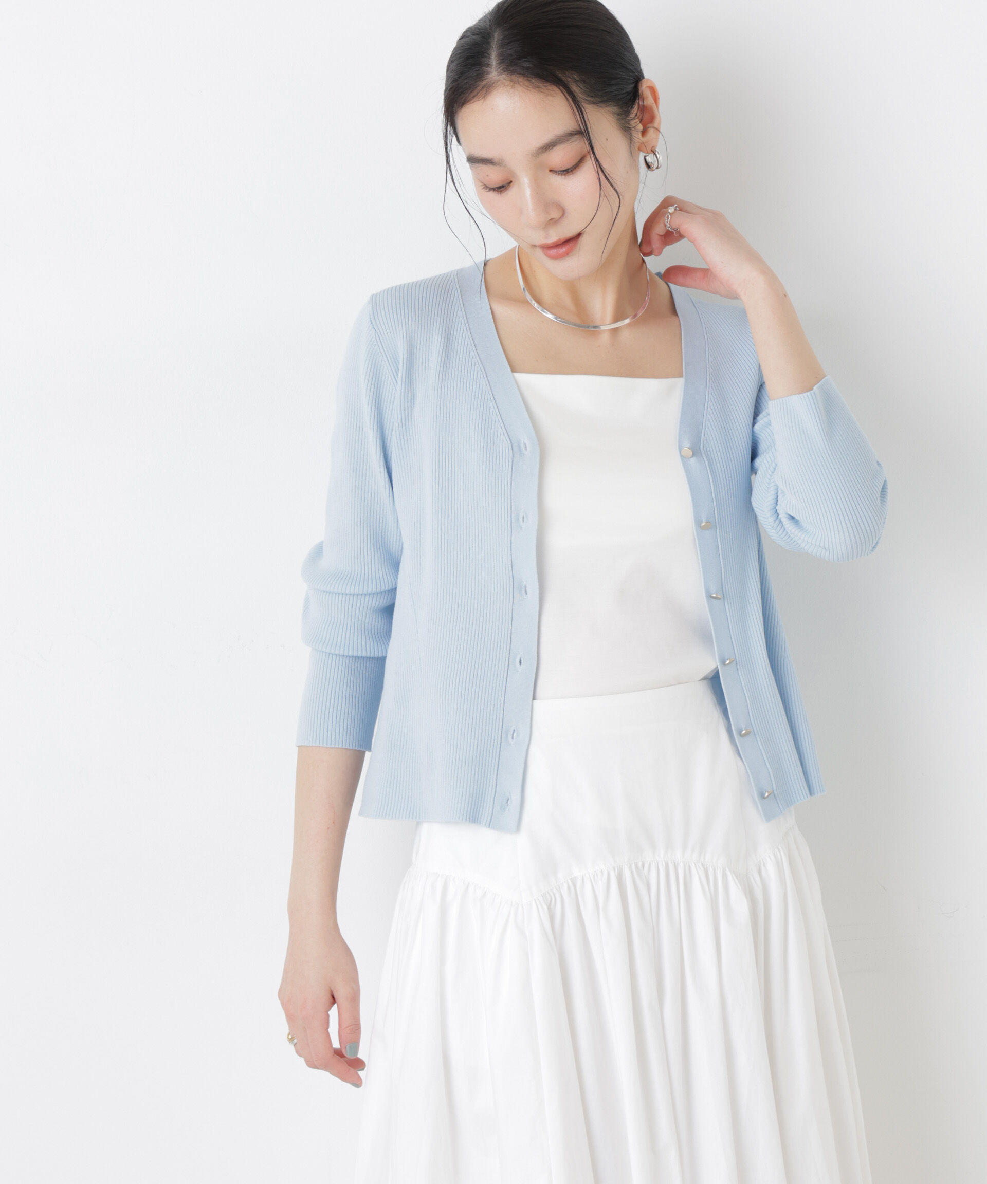 nano･universe「ウォッシャブルハイツイストVネックリブカーディガン」|ニット・セーター|