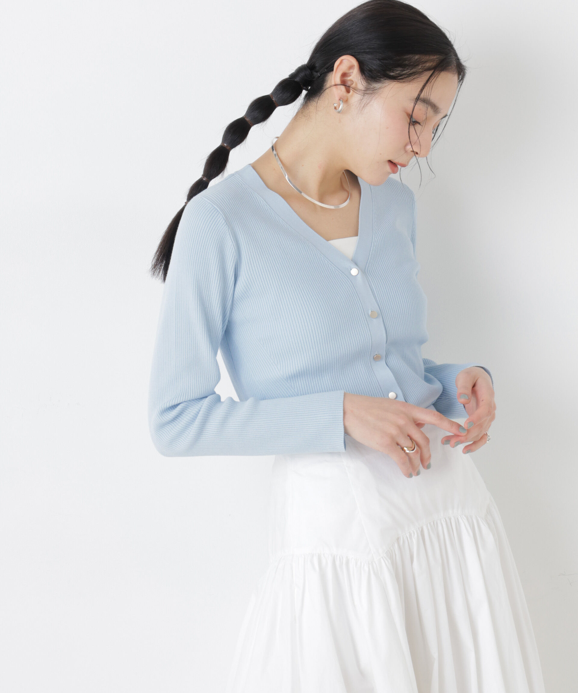 nano･universe「ウォッシャブルハイツイストVネックリブカーディガン」|ニット・セーター|