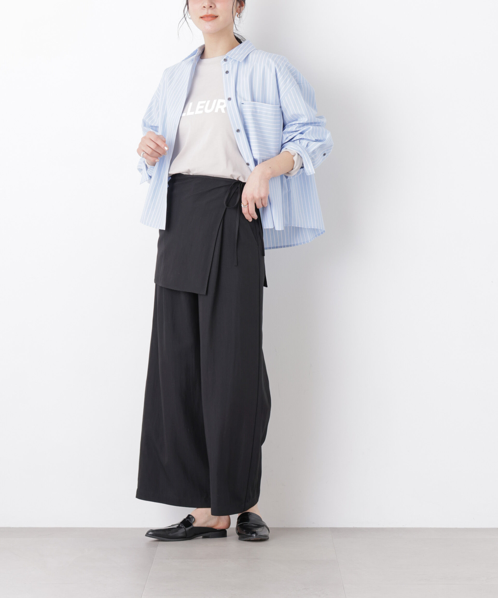 nano･universe「スカーフセットタックワイドパンツ」|チノ|ブラック