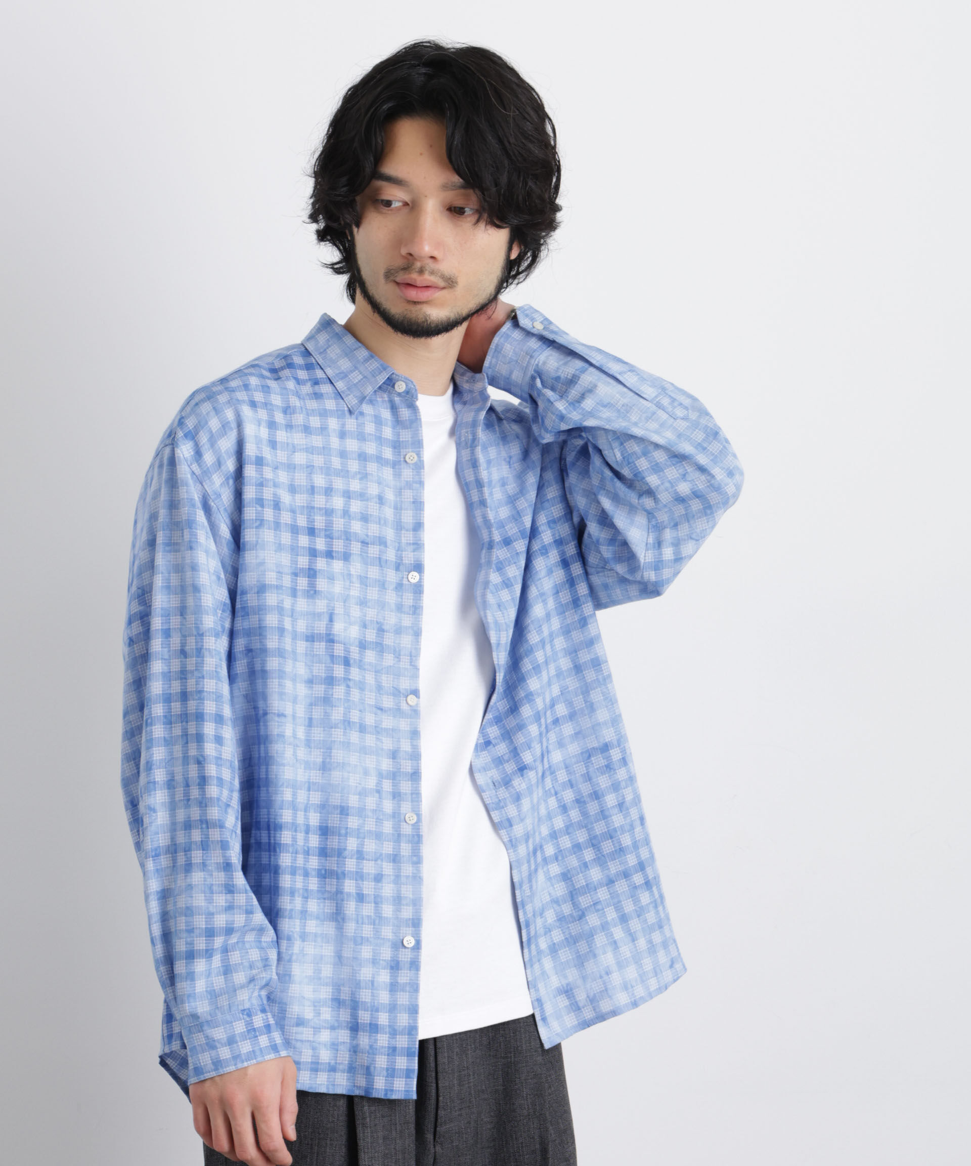 nano･universe「ケミカルフィニッシュチェック オーバーシャツ」|シャツ・ブラウス|サックス5