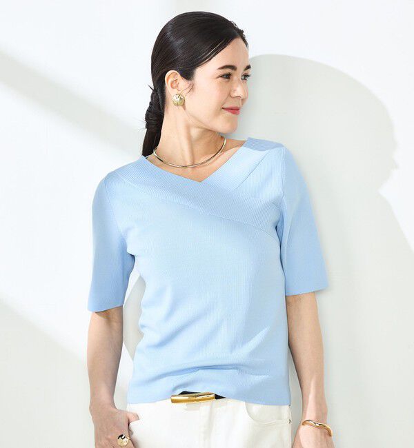 NOLLEY'S sophi「《手洗い可能》カシュクール風5分袖プルオーバーニット」|ニット・セーター|