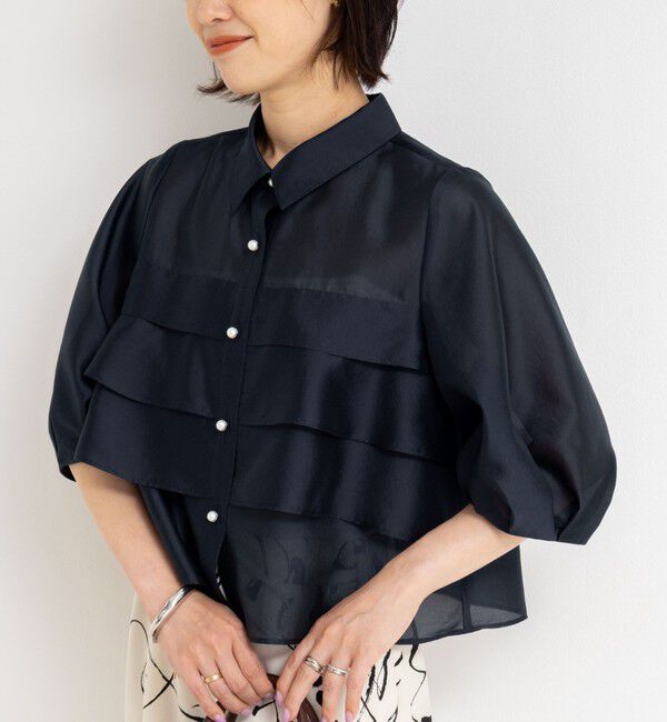 NOLLEY'S「シアーシルキーパール釦フリルブラウス」|シャツ・ブラウス|