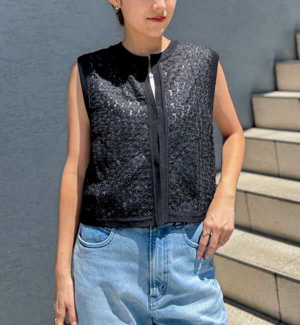 NOLLEY'S「《手洗い可能》フラワー刺繍生地ベスト」|ベスト・ジレ|ブラック