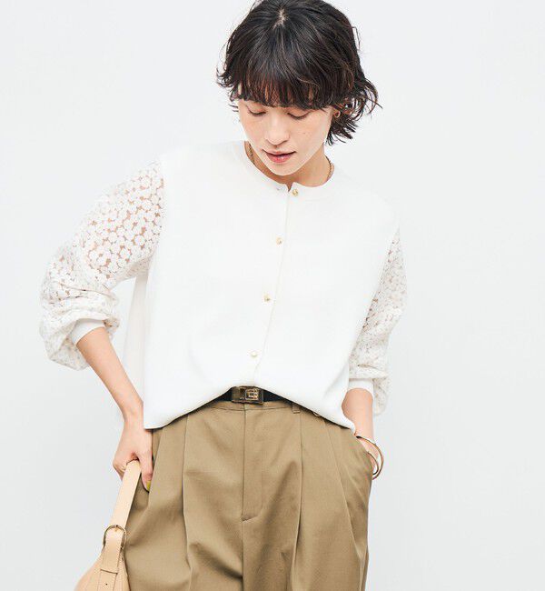 NOLLEY'S「《手洗い可能》フラワー刺繍生地袖クルーネックカーディガン」|カーディガン|