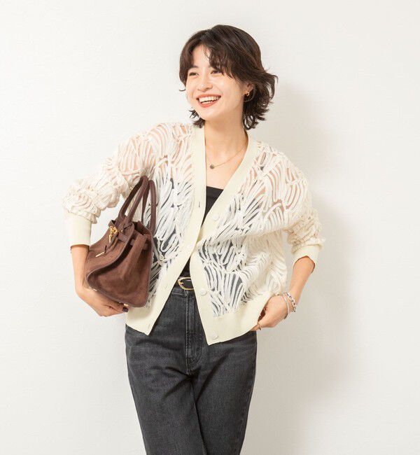 Rie Miller「【追加】《セットアップ対応》チュール刺繍Vネックカーディガン」|カーディガン|