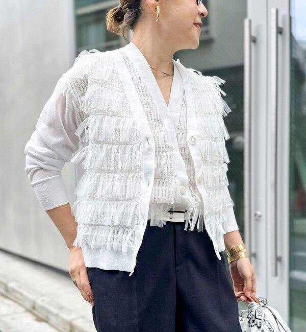 NOLLEY'S「《手洗い可能》チュールフリンジVネックカーディガン」|カーディガン|ホワイト