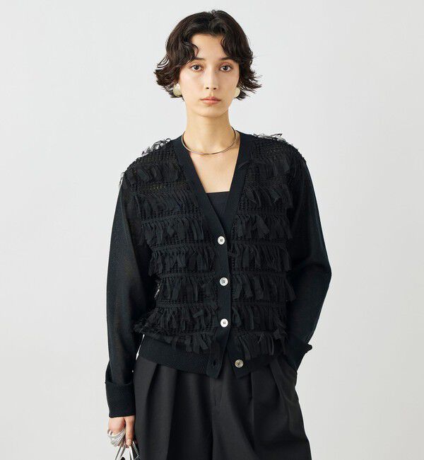 NOLLEY'S「《手洗い可能》チュールフリンジVネックカーディガン」|カーディガン|