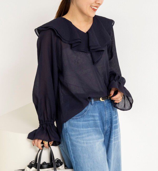 NOLLEY'S「ウォッシャブルラッフルカラーブラウス」|シャツ・ブラウス|ネイビー