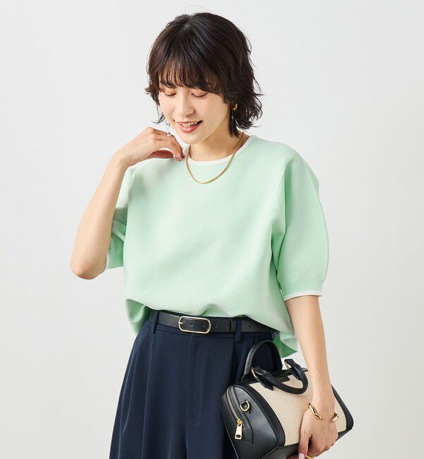 NOLLEY'S「《手洗い可能》ホールガーメントパフスリーブニットＴ」|ニット・セーター|グリーン系1