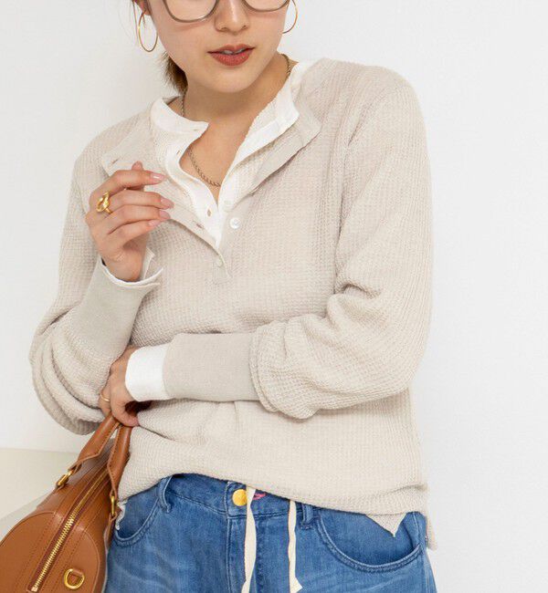 NOLLEY'S「《手洗い可能》ギマポリコットンワッフルヘンリーネックプルオーバー」|ニット・セーター|グレーベージュ