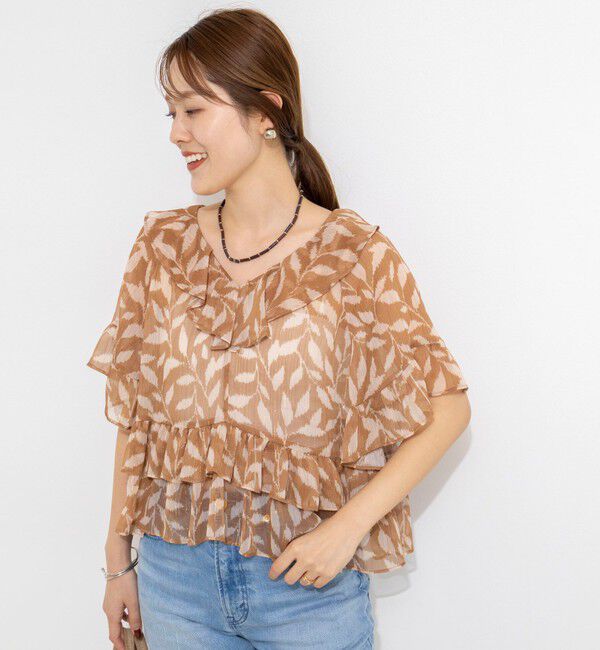 NOLLEY'S「【Import Fabric】ウォッシャブル楊柳リーフ柄フリルブラウス」|シャツ・ブラウス|