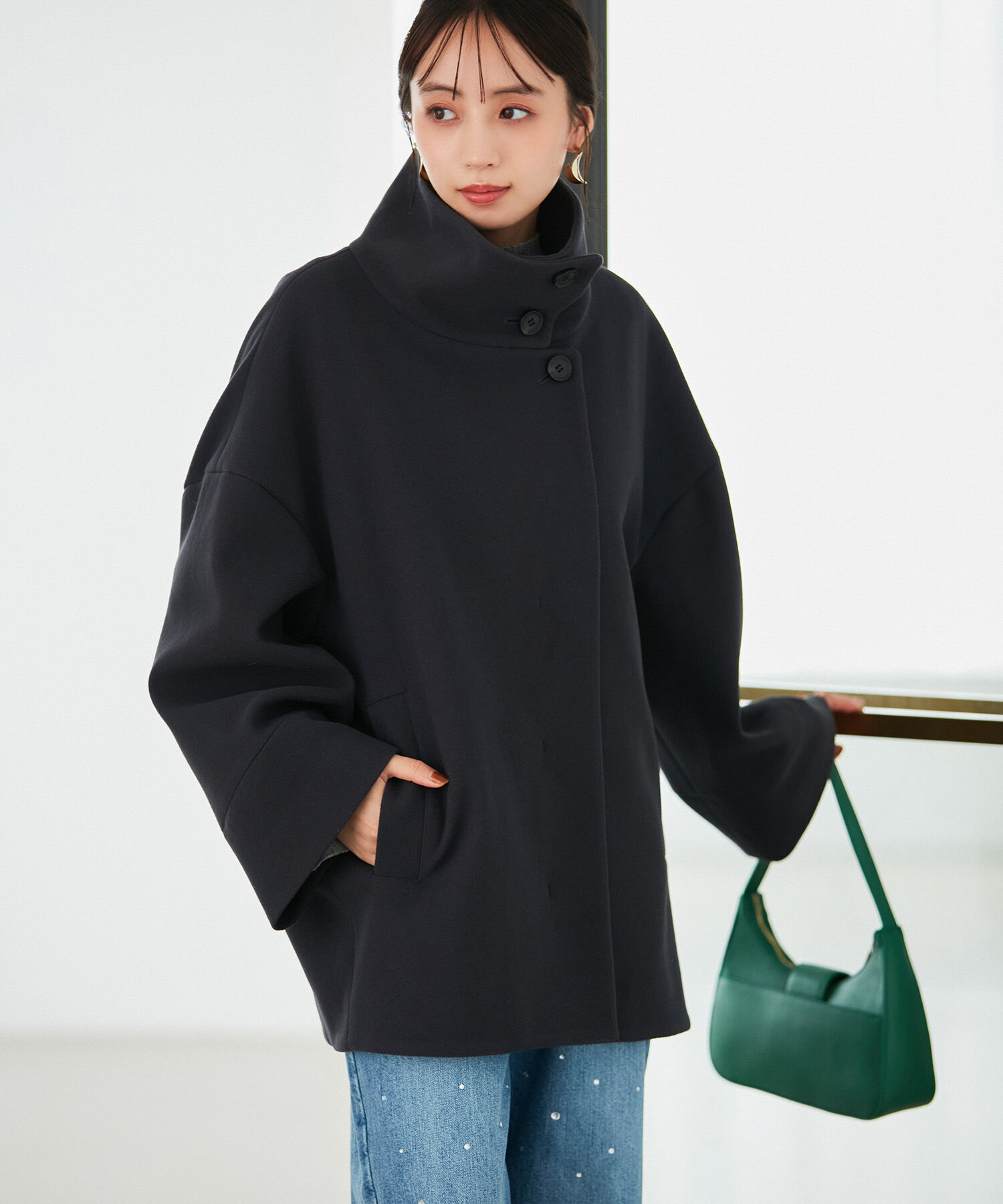 VIS「【静電気防止】ステン&スタンドカラージャージメルトンミドル丈コート」|ステンカラーコート|