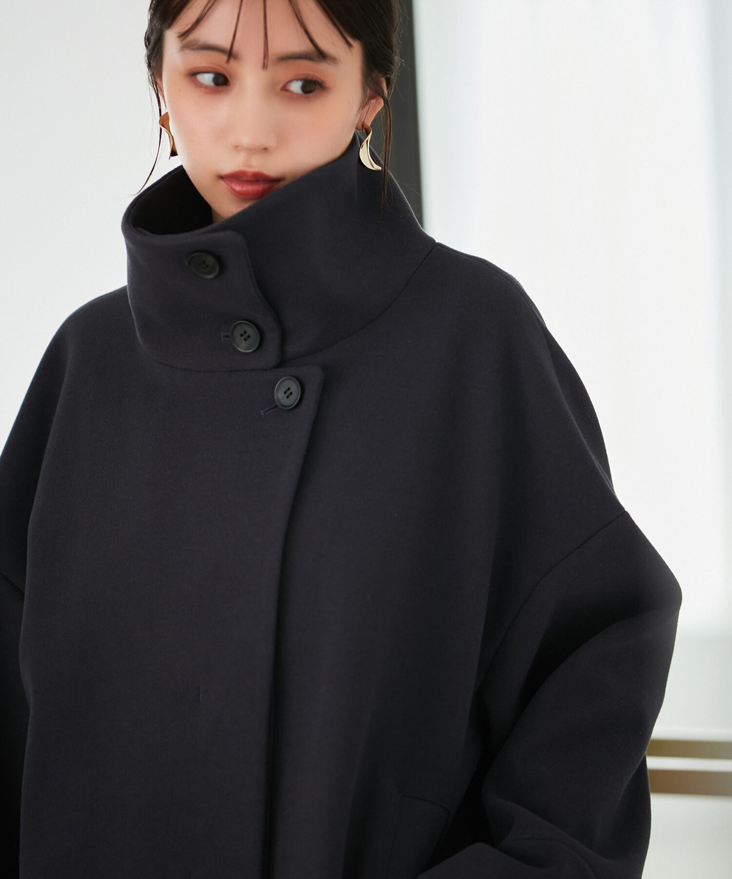 VIS「【静電気防止】ステン&スタンドカラージャージメルトンミドル丈コート」|ステンカラーコート|