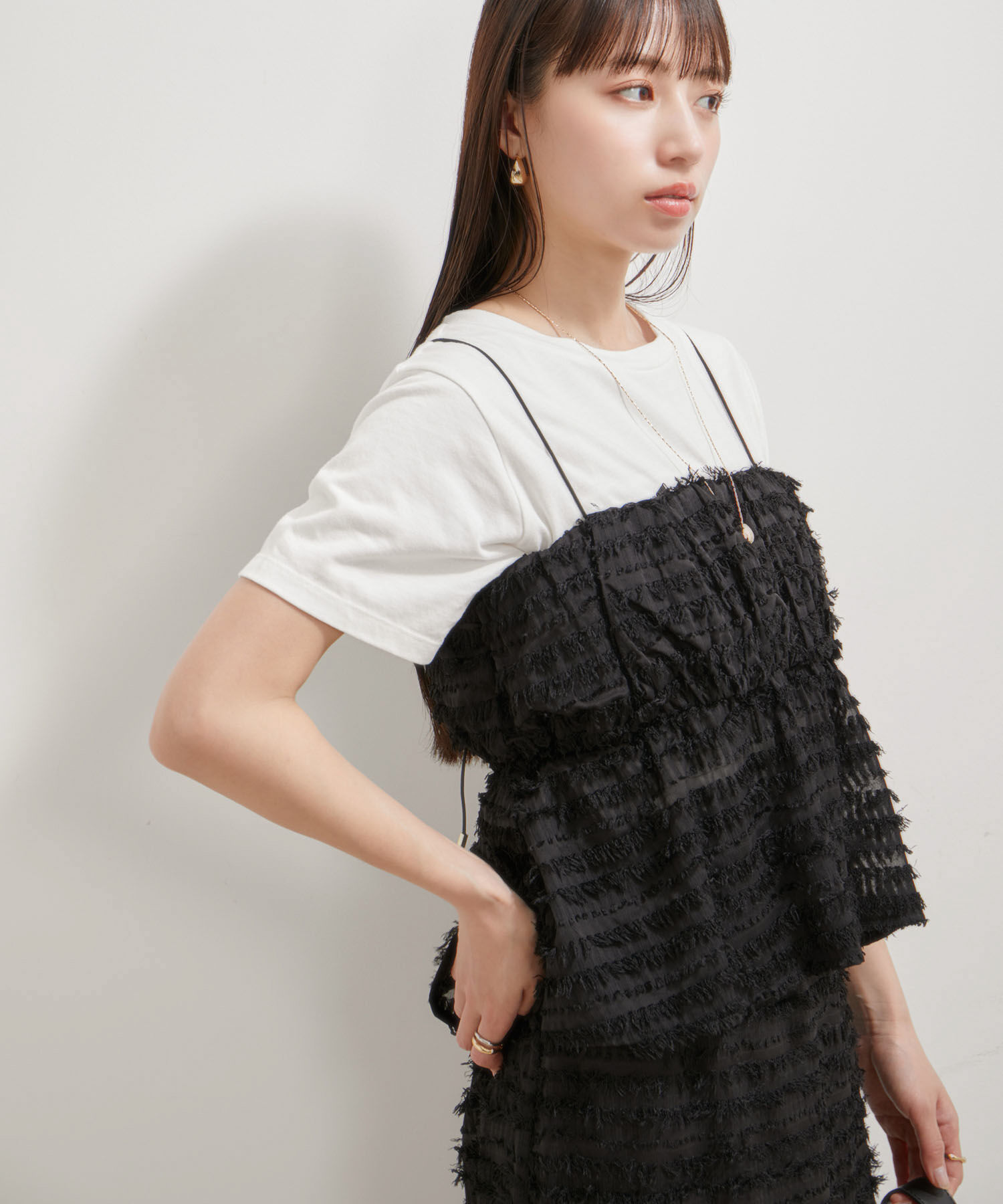 VIS「【洗える】フリンジジャガードビスチェ」|キャミソール|ブラック(01)