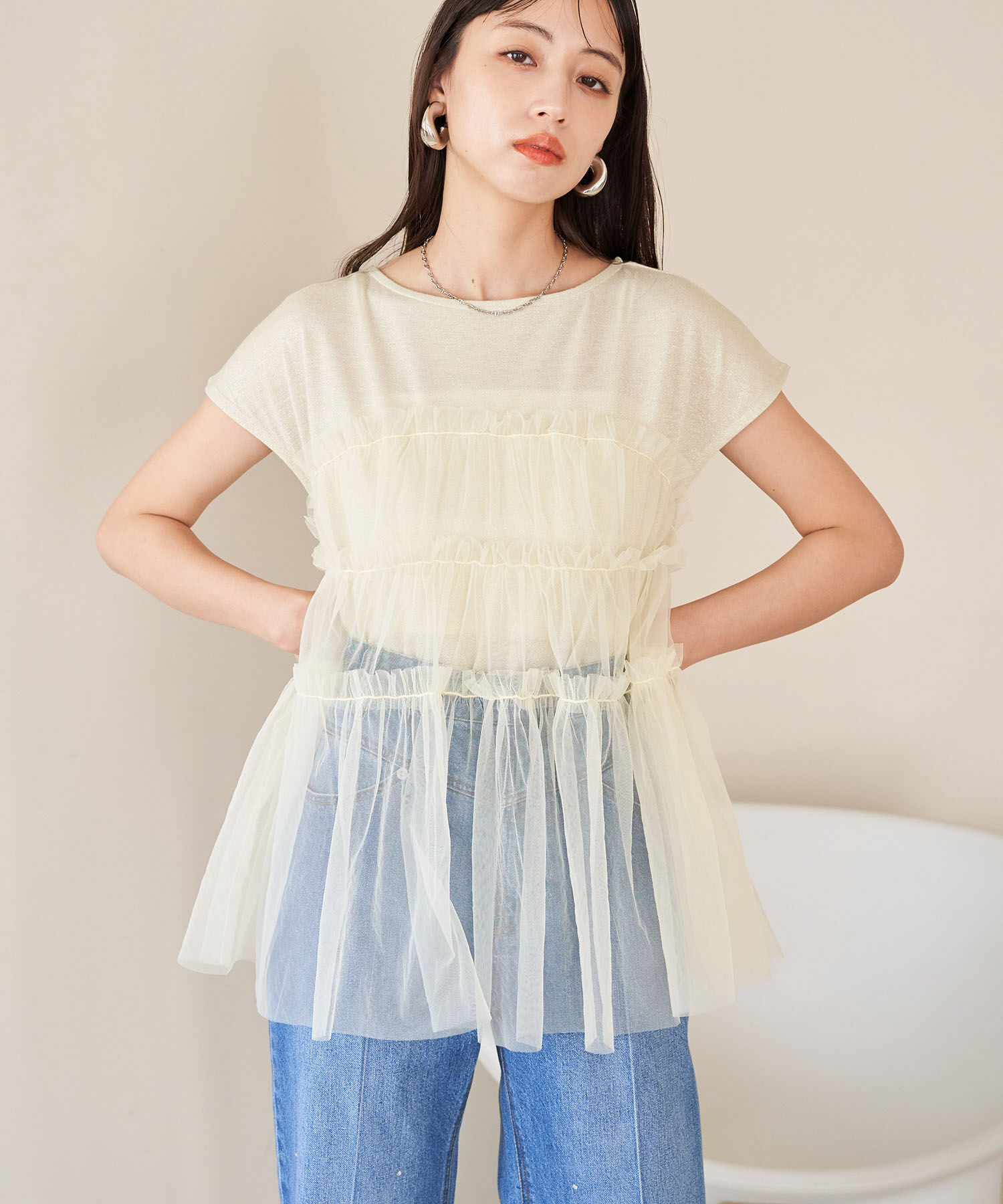 VIS「チュールコンビラメプルオーバー」|Tシャツ・カットソー|イエロー(80)