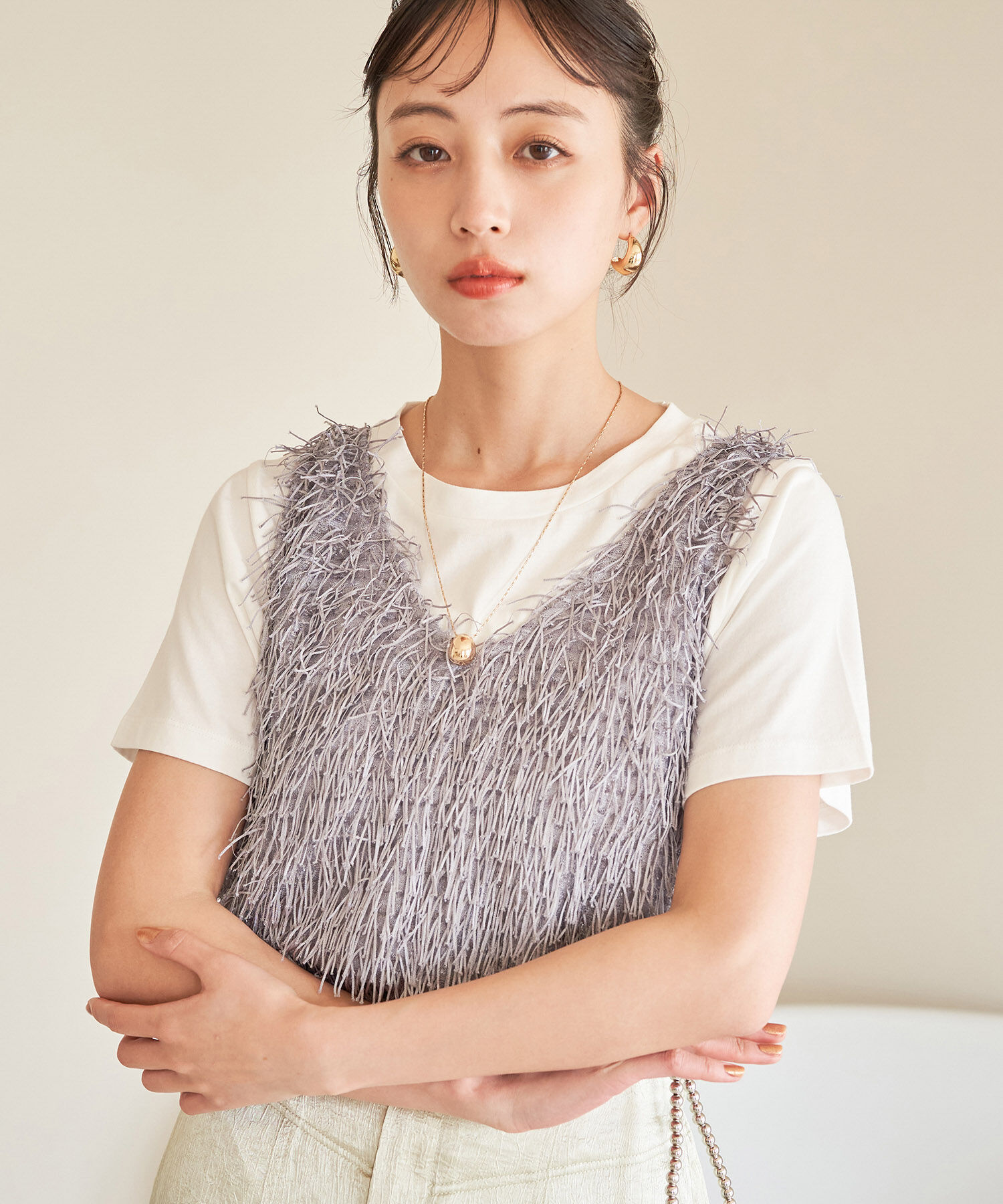 VIS「【前後2WAY】ラメフリンジジャガードノースリーブトップス」|その他|