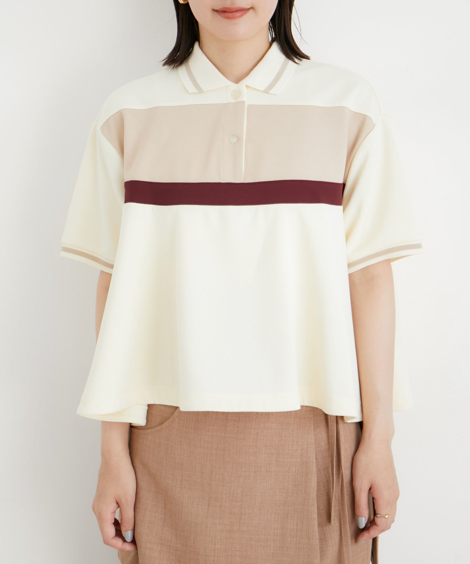 VIS「【洗える】裾フレアポロトップス」|ポロシャツ|