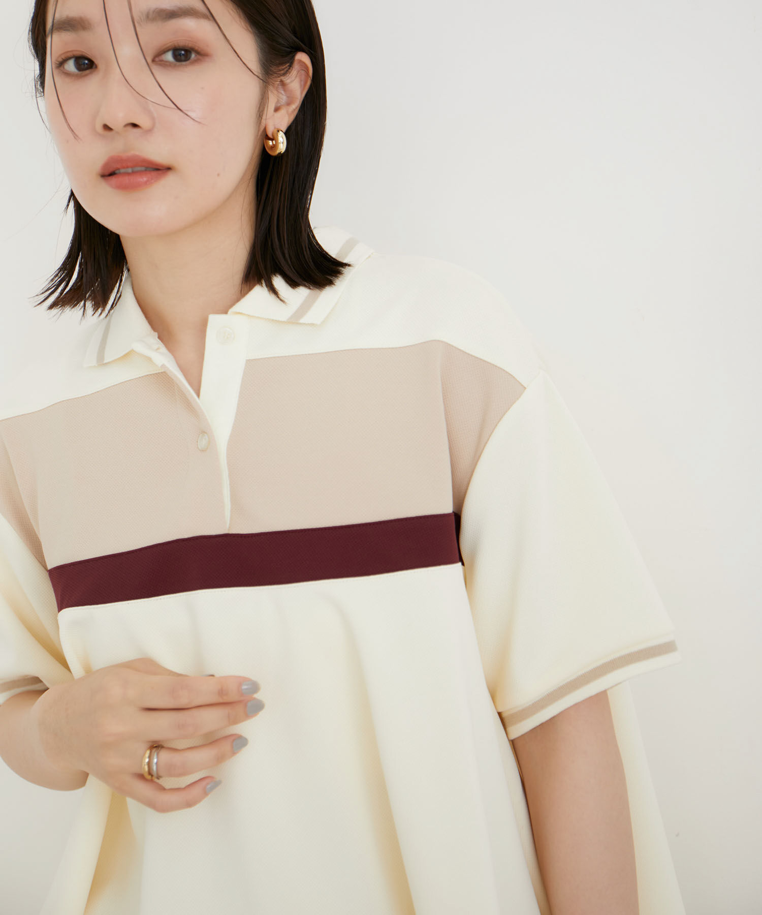 VIS「【洗える】裾フレアポロトップス」|ポロシャツ|