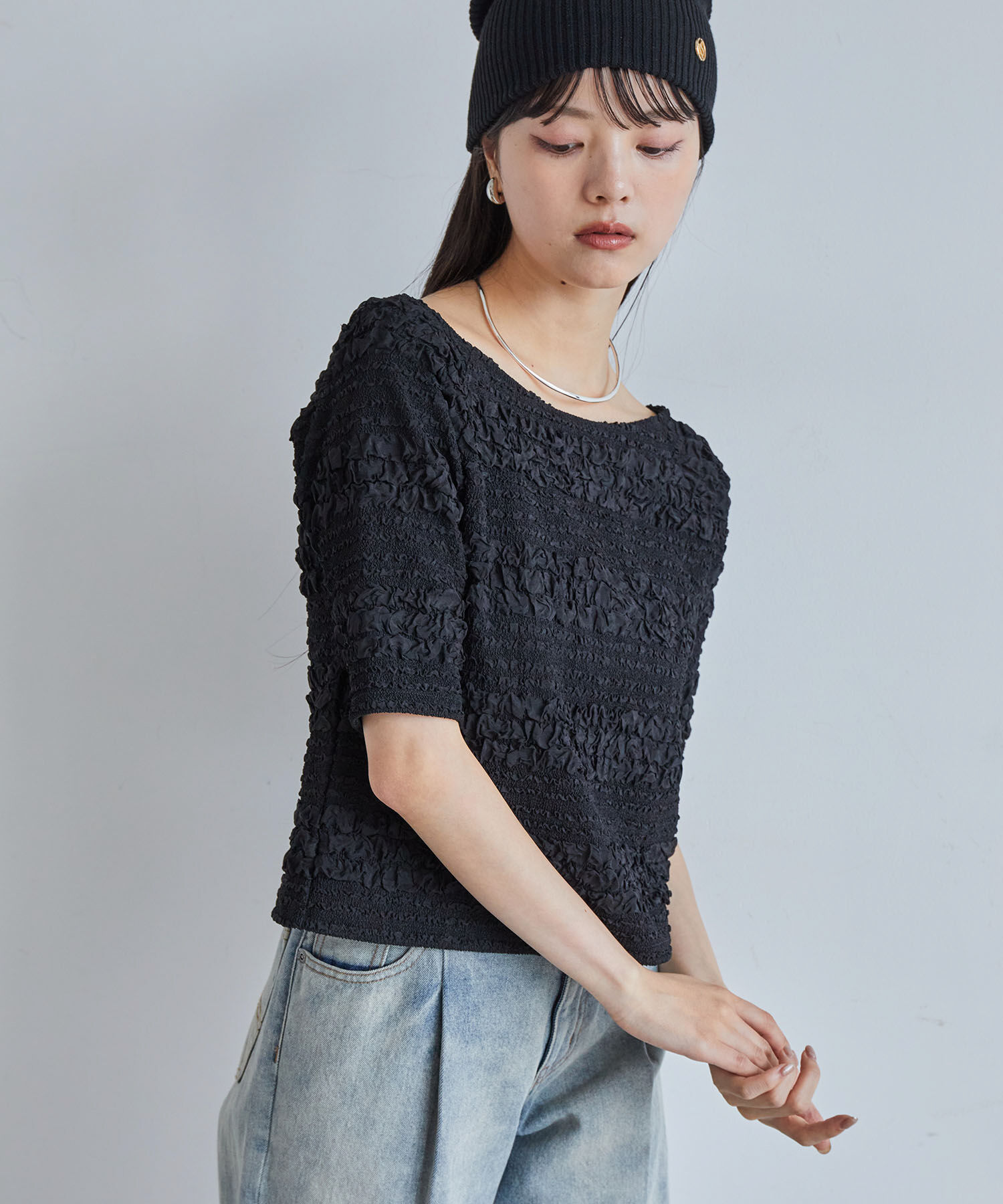 VIS「【洗える】ポコポコジャガードTシャツ」|Tシャツ・カットソー|