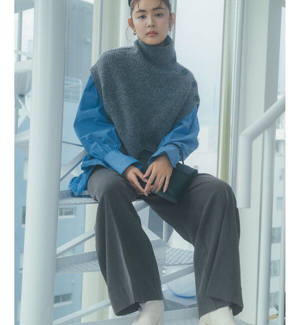 VIS「【美warm】ストレッチ釦付きワイドパンツ/スラックス【アンチピリング/防シワ/洗える】」|チノ|