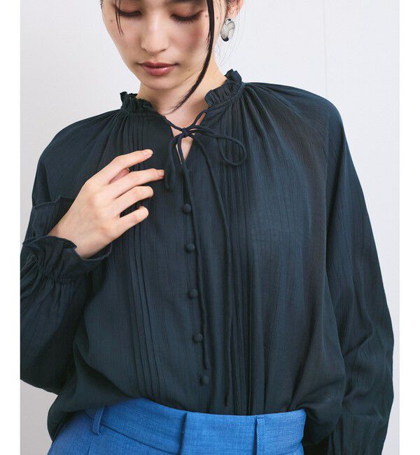 VIS「【洗える】ピンタックスタンドカラーフリルブラウス」|シャツ・ブラウス|チャコール