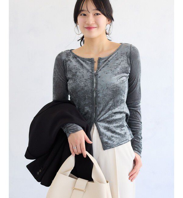 VIS「【2WAY】花柄＆無地アソート袖シャーリングベロアカーディガン」|カーディガン|