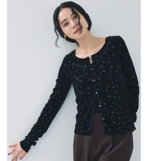 VIS「【2WAY】花柄＆無地アソート袖シャーリングベロアカーディガン」|カーディガン|