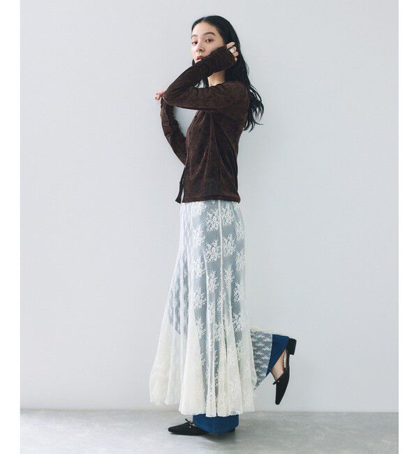 VIS「【2WAY】花柄＆無地アソート袖シャーリングベロアカーディガン」|カーディガン|