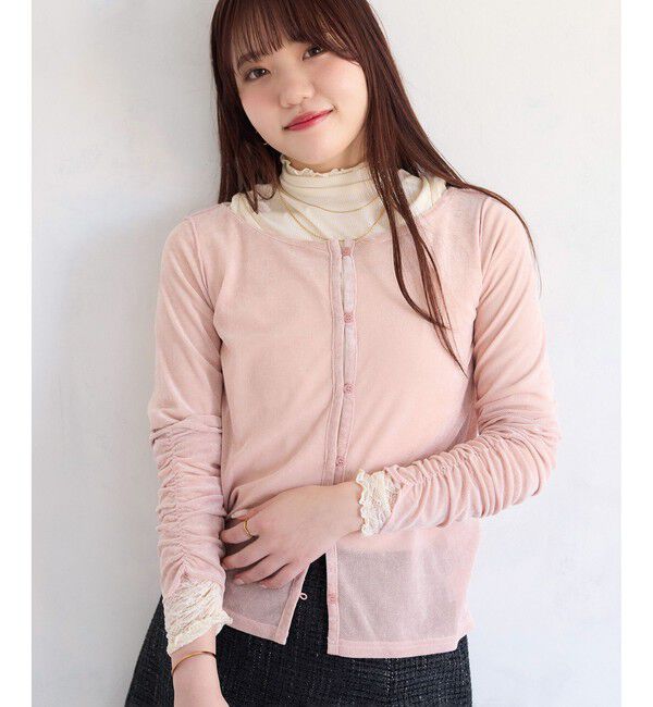 VIS「【2WAY】花柄＆無地アソート袖シャーリングベロアカーディガン」|カーディガン|