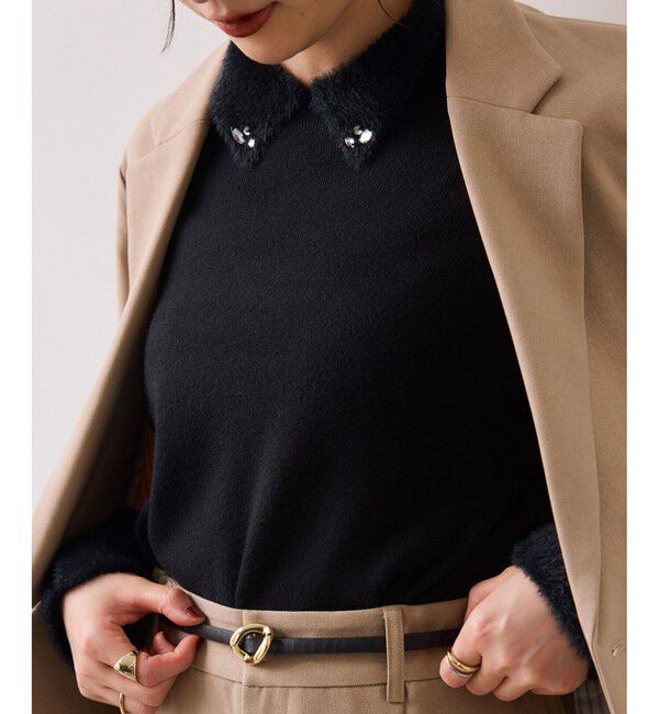 VIS「ビジュー付きシャギーカラーニットトップス」|ニット・セーター|