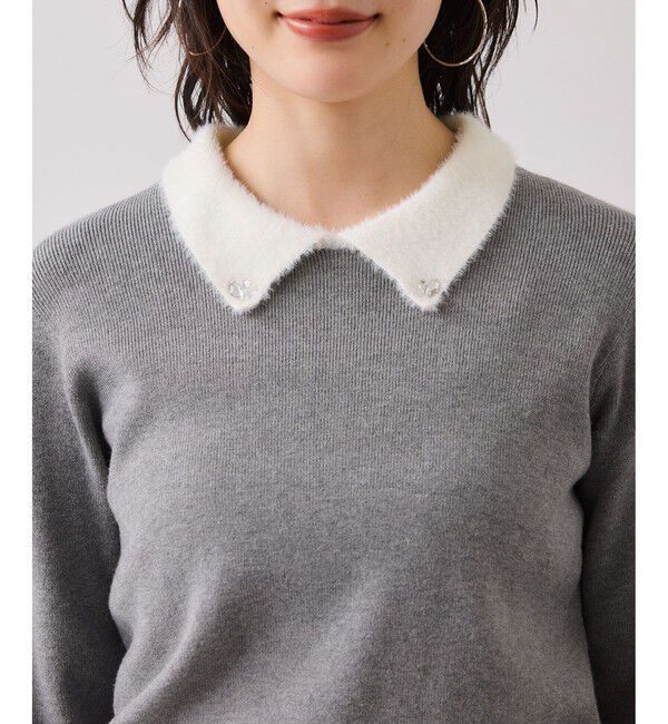 VIS「ビジュー付きシャギーカラーニットトップス」|ニット・セーター|