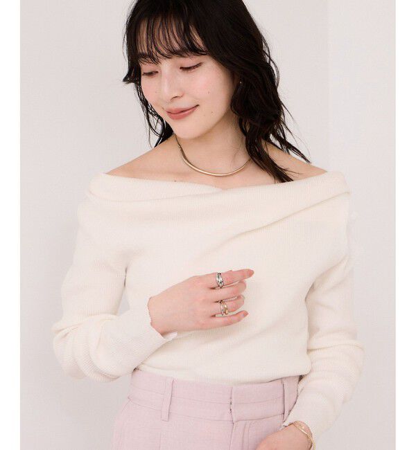 VIS「ドレープオフショルダーリブニット/イージーケア」|ニット・セーター|オフホワイト(15)