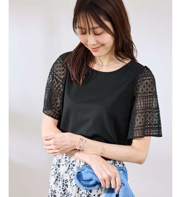 Rope&rsquo;Picnic「【UVカット・接触冷感】Cutee レースドッキングフレアスリーブトップス/リンクコーデ」|Tシャツ・カットソー|