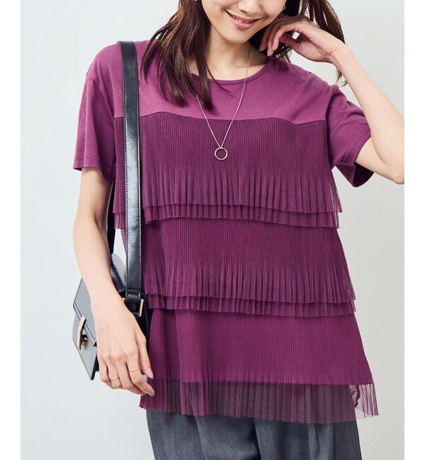 Rope&rsquo;Picnic「プリーツチュールドッキングTシャツ」|Tシャツ・カットソー|ワイン(66)