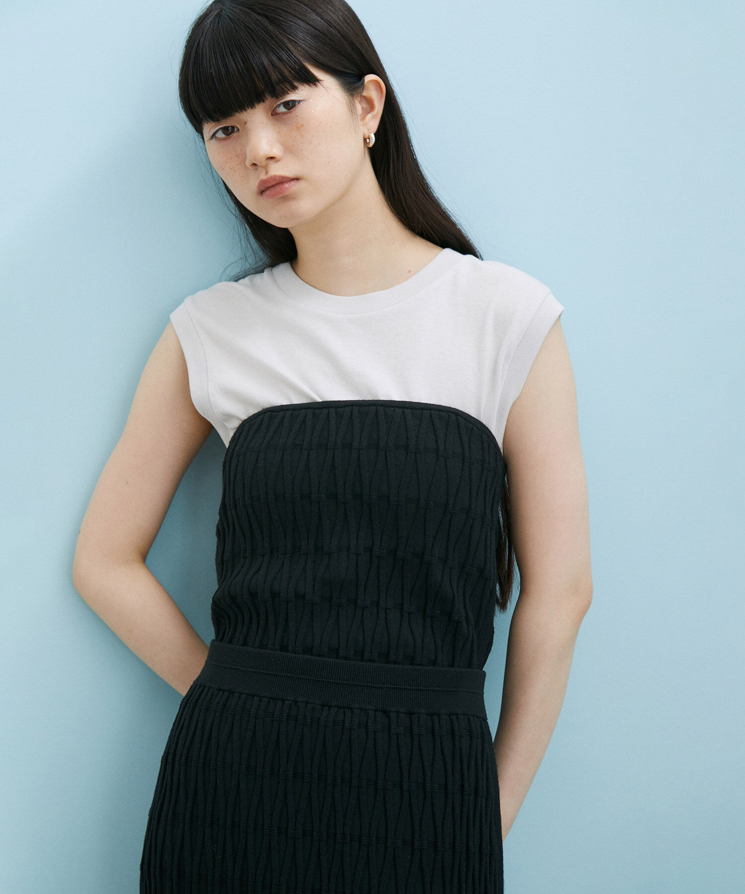 ADAM ET ROPE'「【サステナブル・セットアップ対応・WEB限定】チェック＆リブニットブラトップ」|チューブトップ|ブラック(01)