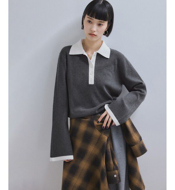 ADAM ET ROPE'「【WEB限定】・【サステナブル】バイカラーポロニットプルオーバー」|ポロシャツ|チャコール(06)