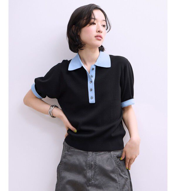 ADAM ET ROPE'「【WEB限定】ハーフスリーブバイカラーポロニット」|ポロシャツ|