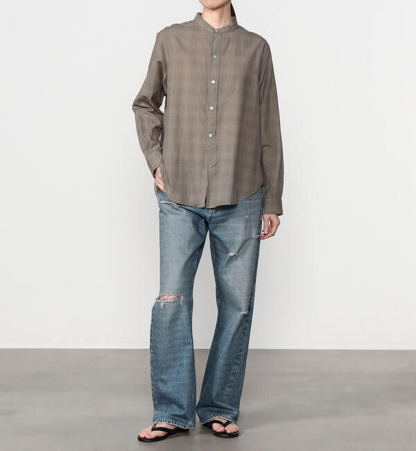  「INDIA INDUSTRY | ファインラインチェック バンドカラーシャツ WOMEN」|シャツ・ブラウス|