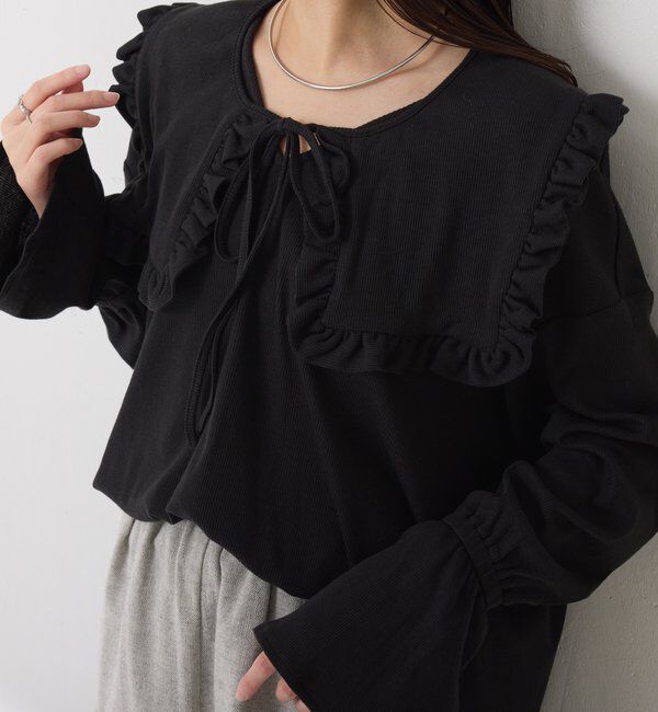  「Qanos 襟付きフリルロンT」|Tシャツ・カットソー|ブラック