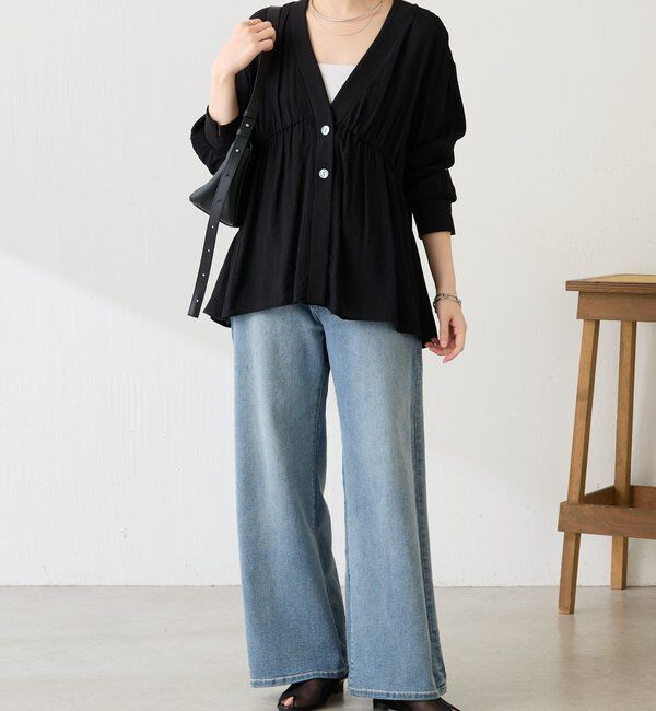  「《1枚で着映える》ギャザー切替シャツカーディガン」|シャツ・ブラウス|