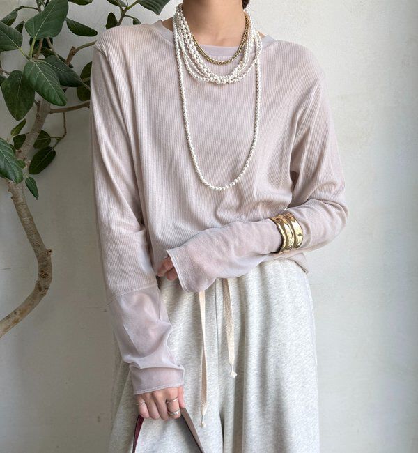  「【柔らかい着心地】袖シアーリブTEE」|Tシャツ・カットソー|ライトベージュ