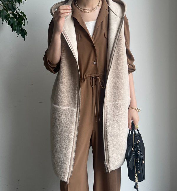  「ボア切替フーディージレ」|ベスト・ジレ|ベージュ