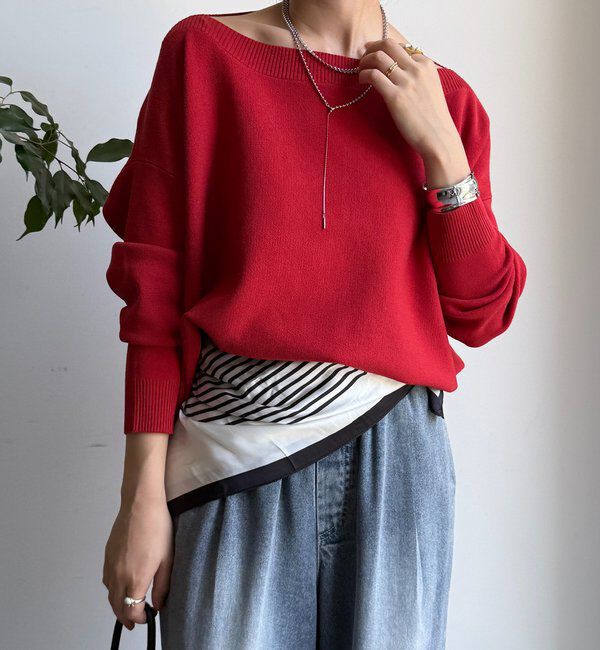  「ボートネックプルオーバー」|ニット・セーター|レッド