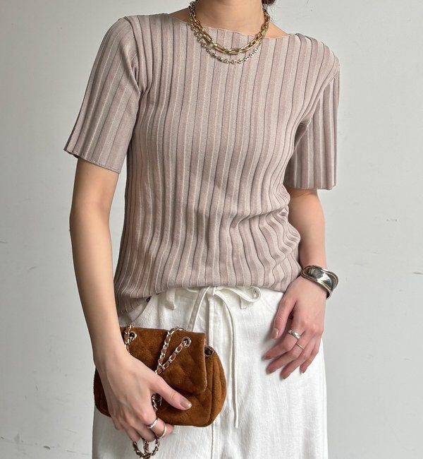  「【WEB限定】ワイドリブハーフスリーブプルオーバー」|ニット・セーター|グレージュ